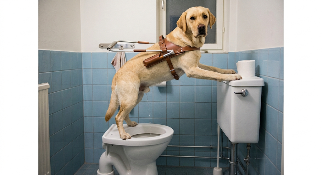 Ledarhund som rastar sig på toaletten. Ståendes med bakbenen på kanten och frambenen på tanken