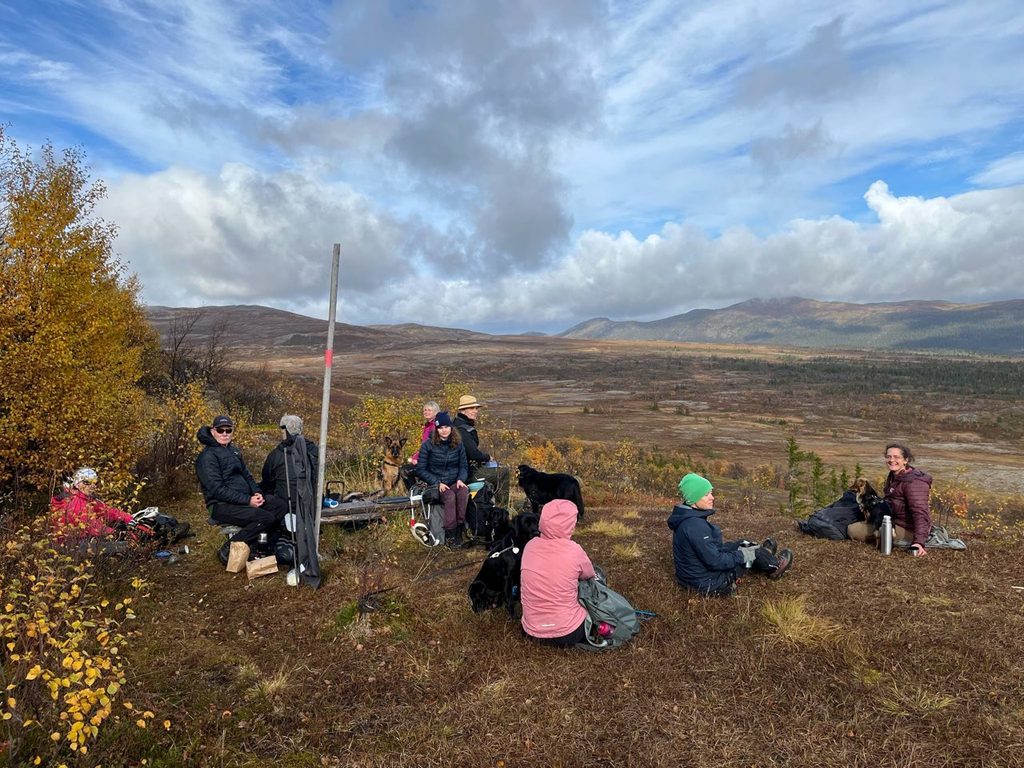 En grupp människor som pausar i ett höstlandskap på fjället.
De sitter utspridda i en halvcirkel på marken och på enkla sittunderlag, mitt på en kal, brungrön fjällhed med låga buskar i gula och orange höstfärger.
I vänsterkanten sitter en person i röd jacka nära täta buskar, bredvid några papperspåsar och en ryggsäck.
Lite mer mot mitten sitter två personer i mörka kläder; en av dem har solglasögon och den andra står eller sitter vänd bortåt.
En smal stolpe med en rödmålad markering står lodrätt mitt i gruppen, som en ledmarkering.
Bakom stolpen syns flera personer med mössor och hattar, och minst två hundar, varav en schäferliknande hund står nära sin ägare.
Till höger sitter tre personer på marken med ryggsäckar bredvid sig, en i rosa jacka, en i mörk jacka med grön mössa och längst till höger en i vinröd jacka tillsammans med en svart hund och en termos.
Två svarta hundar rör sig i mitten av gruppen.
I bakgrunden breder ett vidsträckt fjällandskap ut sig med låga rundade berg i bruna och blågrå toner, flack dalmark och gles skog.
Himlen upptar större delen av den övre bilden, med ljusblå fält och stora, dramatiska moln i vitt och grått som släpper igenom sol som ger mjukt ljus över landskapet.
